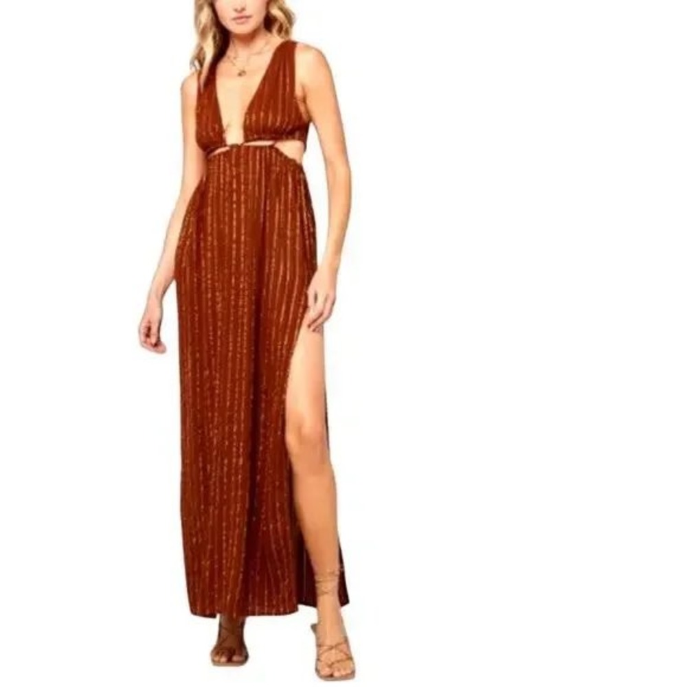 L'Spacce Brown Gold Metallic Striped Cutout Maxi Dress‎ High Slit Sleeveless